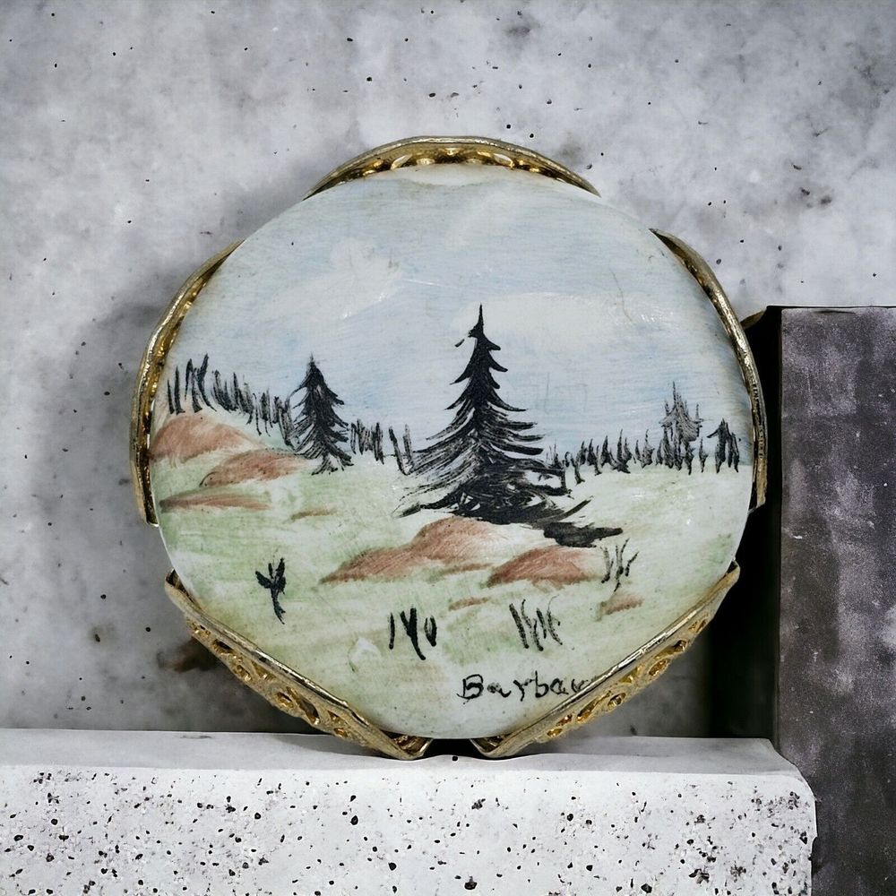 Woodland Brooch Vintage Hand Painted Evergreen Porcelain Round Forest Tree Pin